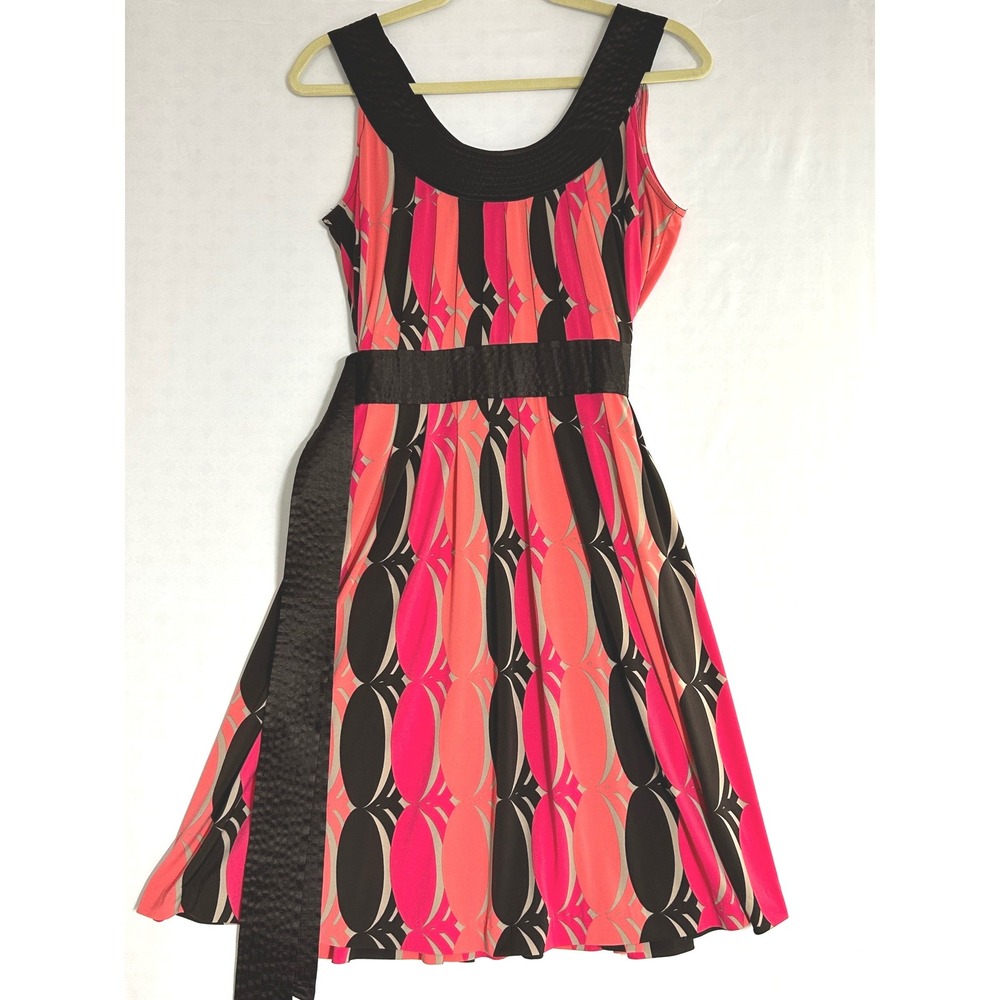 Worthington Womens Geometric Print Sleeveless Fit Flare Dress Pink Black Medium
